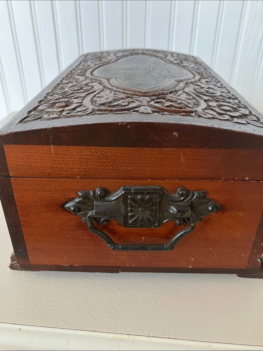 Vintage 50’s Carved Wood Jewelry/Trinket Box With Motif